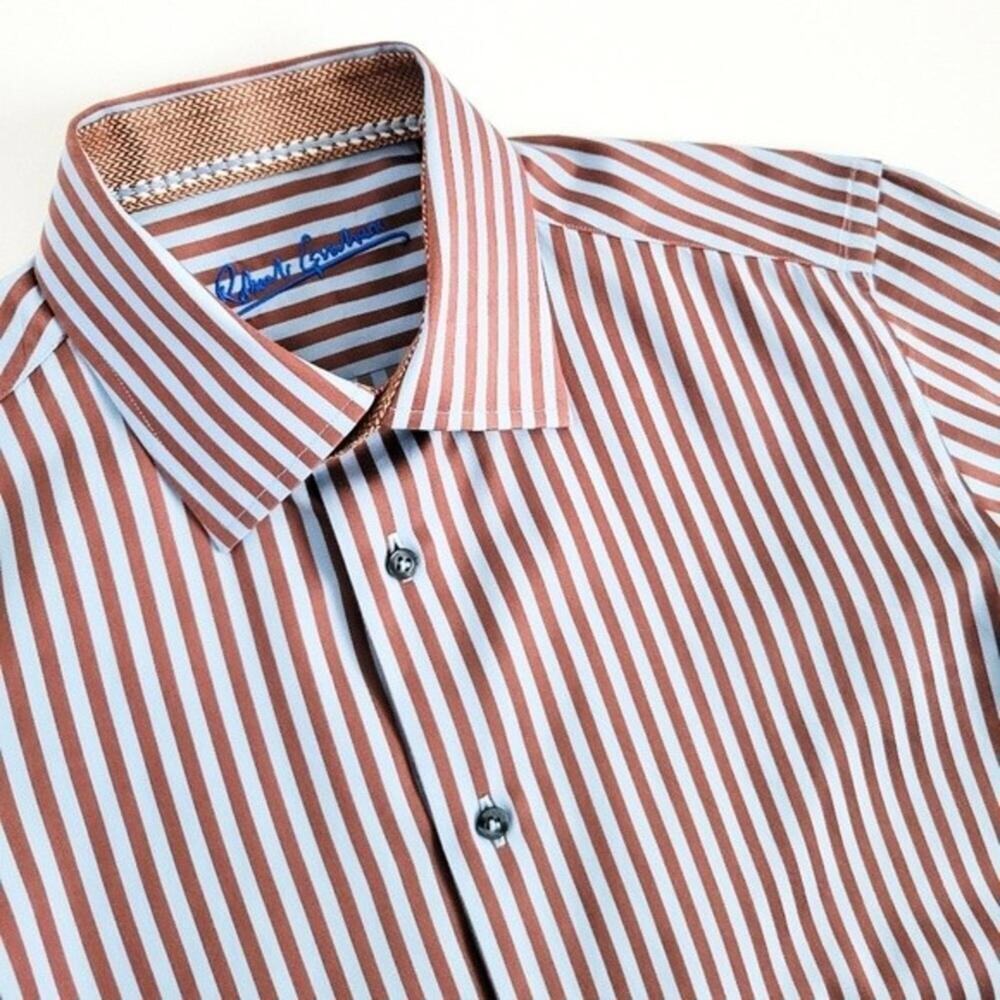 Robert Graham Shirt Twill Striped Button Up Flip Cuff Blue Brown Mens S